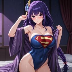 1girls ai_assisted ai_generated blue_leotard breasts crossover dc dc_comics female hair_ornament kimono leotard lewd looking_at_viewer pose posing purple_eyes purple_hair raiden_shogun sexy soaked solo solo_female solo_focus superman superman_(cosplay) superman_(series) superman_logo themed_clothes thick_thighs thighs tongue tongue_out