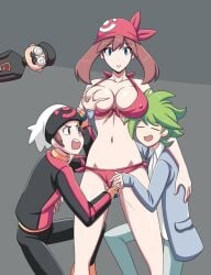 1girls 2boys angry apologizing bandana bikini blank_stare blue_eyes breast_grab brendan_(pokemon) brendan_(pokemon_rs) brown_hair cleavage collarbone deep_skin electrickronos empty_eyes female fingering front-tie_top human_only hypnosis legs_apart light-skinned_female light_skin male masturbating may_(pokemon) may_(pokemon_rs) medium_hair navel nintendo nipples one_breast_out pokemon pokemon_rse pussy_juice pussy_juice_drip side-tie_bikini simple_background slim_waist standing straight swimwear thighs wally_(pokemon)