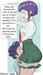 1boy 1girls boku_no_hero_academia clothed eye_contact green_skirt height_difference hugging_ass hugging_legs kyoka_jiro minoru_mineta my_hero_academia necktie purple_eyes purple_hair school_uniform short_male skirt text text_box vance_lewds white_shirt