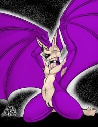 ajizza_(artist) andromorph anthro bat bodily_fluids collar collar_only cuntboy genital_fluids genitals hi_res intersex mammal metras_(ajizza) nude presenting pussy raised_arm solo stretching vaginal_fluids waking_up winged_arms wings