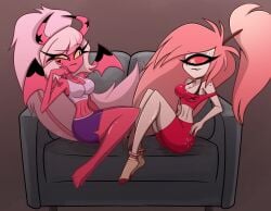 2demons 2girls breasts cherri_bomb_(hazbin_hotel) clothed clothing feet female female_only gatojack3 hazbin_hotel helluva_boss looking_at_another sofa verosika_mayday_(helluva_boss)