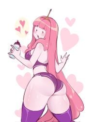 1girls 2024 adventure_time ass blush cartoon_network crown female female_only heart legwear looking_at_viewer pink_hair pink_skin princess_bubblegum purple_legwear rebthgin solo sportswear thighhighs thighs very_long_hair water_bottle