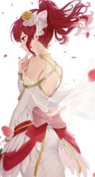 1girls alternate_costume anna_(bridal)_(fire_emblem) anna_(fire_emblem) anna_(fire_emblem_awakening) ass back backless_dress backless_outfit bare_back bare_shoulders big_ass closed_mouth detached_sleeves dress female female_only fire_emblem fire_emblem_awakening fire_emblem_heroes floating_hair from_behind hair_ornament haru_(nakajou-28) highres index_finger_raised long_hair nintendo official_alternate_costume petals ponytail profile red_eyes red_hair see-through sidelocks simple_background smile solo wedding_dress white_background