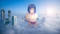 anime_style big_breasts blue_eyes blue_hair blush blushing breasts building buildings city cityscape clouds covering_breasts destruction giantess macrophilia naked open_mouth short_hair sky skyscraper view