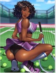 1girls big_breasts black_hair breasts dark-skinned_female dark_skin green_eyes heather_(sexy_beaches) nutaku sexy_beaches tenis_outfit tenis_shoes