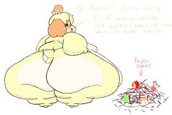 1girls animal_crossing back_view fat_rolls gabbadraws isabelle_(animal_crossing) obese_female ssbbw talking text