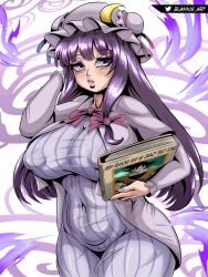 blannis_art book crossover hat nipple_bulge nipples patchouli_knowledge purple_eyes purple_hair son_goku tagme thick thick_thighs touhou