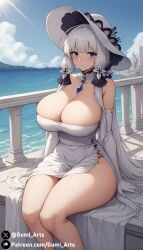 ai_generated azur_lane blue_eyes cleavage dress gumi_arts hat huge_breasts illustrious_(azur_lane) looking_at_viewer ocean outdoors sitting stable_diffusion thick_thighs white_hair