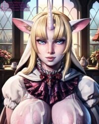 1_horn 1girls ai_generated animal_ears bangs blonde_hair blue_eyes breasts cum cum_on_breasts day daytime emilie_de_rochefort eyelashes fantasy female female_focus female_only flowers frills frilly_clothing goat_ears indoors intosica large_breasts lolita_fashion long_hair looking_at_viewer medieval portrait puffy_short_sleeves puffy_sleeves revealing_clothes shiny_skin solo solo_female solo_focus tekken unicorn_horn wet window wood