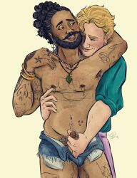 2boys 2males blackbeard blonde_hair booty_shorts dagger_earrings earring edward_teach gay handjob handjob_from_behind jorts long_hair long_hair_male male_only man_bun nipple_piercing nose_piercing old_man_yaoi our_flag_means_death pearl_necklace pierced_genitals piercings pirate poorlyformed poorlyporned rubbing_nipples salt_and_pepper_hair stede_bonnet tattoos tattoos_everywhere updo waist_grab yaoi