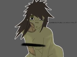 1girls 2d 2d_(artwork) 2d_artwork asking_a_question asking_viewer black_eyes brown_hair censor_bar censored censored_breasts censored_nipples dakota_the_zombie_girl dull_colors dull_eyes female frowning gorillaz gray_background green_skin grey_background japanese_text not_furry not_signed oc original_character pixel_(artwork) pixel_art solo spiky_hair stitches translation_request zombie zombie_girl