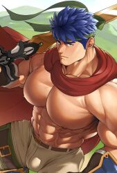 1boy abs bara belt blue_hair brown_belt brown_pants bulge cape closed_mouth fire_emblem fire_emblem:_radiant_dawn green_headband headband highres holding holding_sword holding_weapon ike_(fire_emblem) large_pectorals looking_at_viewer male male_only muscular muscular_male navel nintendo nipples pants pectorals ragnell_(fire_emblem) red_cape ruisselait short_hair solo sword topless_male weapon