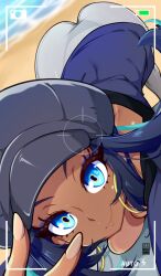 1girls ass ass bare_shoulders bayeuxman beach big_ass big_breasts big_butt black_hair blue_eyes camera_pov camera_view clothed clothing color dark-skinned_female dark_skin female female_focus female_only game_freak gym_leader hat hi_res large_breasts long_hair looking_at_viewer nessa_(pokemon) nintendo pokemon pokemon_ss pokemon_trainer sand sea solo solo_female tagme thick_thighs water