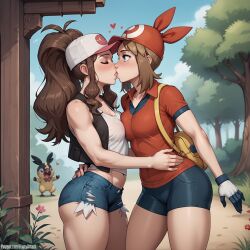 2girls ai_generated baseball_cap blue_eyes blush bobcut bootyattack brown_hair couple female female_on_female floating_heart gloves hilda_(pokemon) hugging kissing may_(pokemon) pokemon ponytail romantic romantic_couple see-through see-through_clothing see-through_shirt see-through_top shorts stable_diffusion tank_top tight_clothing yuri