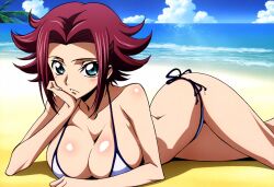 ai_generated beach_background big_breasts bikini bikini_bottom bikini_top blue_eyes cleavage code_geass dokidoki_ninja female female female_focus female_only hi_res high_resolution highres huge_breasts kallen_stadtfeld light-skinned_female perky_breasts red_hair sand small_bikini solo solo_female solo_focus thin_female water white_bikini