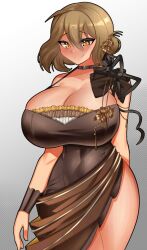 1girls anis_(nikke) big_penis bracelet breasts brown_dress brown_hair chin_length_hair choker chomperwhy cleavage dress female female_only goddess_of_victory:_nikke hair_between_eyes hair_ornament inner_boob large_breasts pale-skinned_female pale_skin thick_thighs thighs yellow_eyes