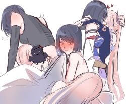 2girls arms_around_neck black_gloves black_hair black_shirt blue_dress blush censored closed_mouth commentary cunnilingus dress elbow_gloves genshin_impact gloves hand_on_another's_waist heart kissing kujou_sara long_hair multiple_girls novelty_censor nude onigiri_222x714 oral pink_hair sangonomiya_kokomi shirt short_hair sleeping sleeveless sleeveless_shirt sweatdrop under_covers yuri