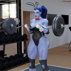 1girls 3d abs amelie_lacroix ass big_ass big_breasts blizzard_entertainment bowtie bunny_ears bunny_girl bunny_tail bunnysuit female female_only fit fit_female gym looking_at_viewer muscular muscular_female overwatch overwatch_2 purple_skin solo tattoo thick_thighs vonsvaigen wide_hips widowmaker yellow_eyes