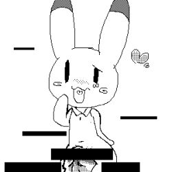 :3d animal_yokocho anthro big_penis black_ear_tips black_tipped_ears censor_bar dipped_ears female female_anthro genitals glans heart_symbol heart_tongue iyo lagomorph leporid looking_at_viewer low_res male male/female mammal nobuyuki open_mouth open_smile penis penis_between_thighs rabbit smile solo tongue