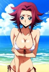 1girls ai_generated beach_background big_breasts bikini bikini_bottom bikini_top blue_eyes cleavage code_geass dokidoki_ninja female female_focus female_only hi_res high_resolution highres huge_breasts kallen_stadtfeld light-skinned_female perky_breasts red_hair sand small_bikini solo solo_female solo_focus thin_female water white_bikini