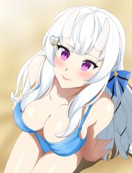 1girls anastasia_white bikini blue_bikini blush cleavage female female_focus female_only highres horns light-skinned_female light_skin long_hair looking_at_viewer looking_up purple_eyes raidenakatsuki sand sitting sitting_on_sand smiling smiling_at_viewer swimsuit thong thong_bikini virtual_youtuber white_hair