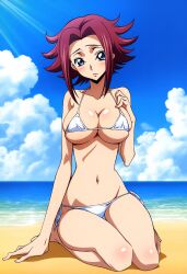 ai_generated beach_background big_breasts bikini bikini_bottom bikini_top blue_eyes cleavage code_geass dokidoki_ninja female female female_focus female_only hi_res high_resolution highres huge_breasts kallen_stadtfeld light-skinned_female perky_breasts red_hair sand small_bikini solo solo_female solo_focus thin_female water white_bikini