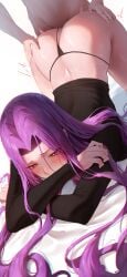 1boy absurdres all_fours ass_up black_panties black_shirt blush clothing_aside fate/stay_night fate_(series) female heart-shaped_pupils highres long_hair long_sleeves medusa_(fate) medusa_(rider)_(fate) panties panties_aside purple_eyes purple_hair rororo sex sex_from_behind shirt solo_focus straight top-down_bottom-up underwear very_long_hair