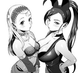 2girls animal_ears arabian_clothes blush breasts bunny_costume bunny_ears bunny_girl bunnysuit choker cleavage clothing collarbone dragon_quest dragon_quest_xi eyelashes greyscale hairband hand_on_hip harem_outfit jade_(dq11) large_breasts long_hair medium_breasts monochrome multiple_girls ouse_(otussger) ponytail serena_(dq11) simple_background small_breasts white_background