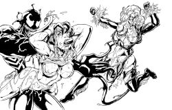 1boy 2girls big_breasts black_and_white black_cat_(marvel) breasts felicia_hardy female fingering human jeff_moy light-skinned_female light_skin long_tongue male marvel marvel_comics mary_jane_watson muscular_male pussy_juice restrained spider-man_(series) stomach_bulge straight symbiote tentacle torn_clothes venom_(marvel)