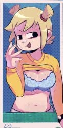 1girls bandaid bandaid_on_face bandaid_on_nose black_eyes blonde_hair blue_bra bra bracelet female hair_bun partially_clothed roxanne_richter scott_pilgrim short_hair soble_dx solo solo_female spiked_bracelet spikes sweater sweater_up