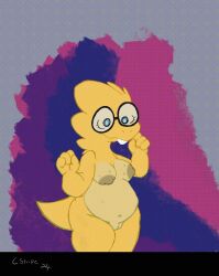 alphys anthro blue_eyes breasts ceruleanstripe eyewear female genitals glasses lizard nude pussy reptile scalie solo tail undertale_(series) yellow_body