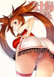 ass bent_over breasts brown_eyes brown_hair chinese_clothes female frilled_skirt frills from_behind guilty_gear guilty_gear_xrd hair_ornament hairclip hand_on_own_ass highres huge_ass kuradoberi_jam large_breasts looking_at_viewer looking_back panchira panchira_(standing) panties pantyshot skirt teeth twintails underwear white_panties yamacchi