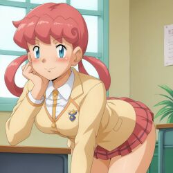 ai_generated anime_style bent_over blazer blush busty creatures_(company) curvy facing_viewer female female female_only game_freak hi_res highres nintendo nurse_joy pink_hair pokemon pokemon_(anime) pokemon_(game) pony_diffusion_xl school_uniform schoolgirl seraphim_ai skirt smile solo stable_diffusion