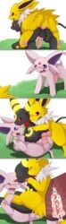 anal anal_knotting anal_sex animal_genitalia animal_penis anus ass balls blush cum cum_in_ass cum_inside double_anal double_knotting double_penetration duo eeveelution erection espeon fangs feral feral_on_feral group group_sex internal jolteon km-15 knot knotting male male_penetrating nintendo open_mouth orgasm penetration penis pokémon_(species) pokemon pokemon_(species) rear_view sex shazz_brinxray simple_background tongue tongue_out umbreon video_games yaoi