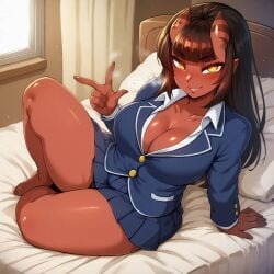 ai_generated bedroom big_breasts blazer blush busty cleavage curvy facing_viewer female female_only full_body hi_res highres meru_(merunyaa) meruccubus_(merunyaa) on_bed peace_sign pony_diffusion_xl posing red_skin school_uniform schoolgirl seraphim_ai smile solo stable_diffusion succubus succubus_horns thick_thighs yellow_eyes