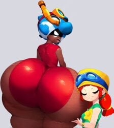 2girls aged_up big_ass brawl_stars dark-skinned_female female female_only head_on_ass huge_ass hyper_ass jessie_(brawl_stars) light-skinned_female multiple_girls nita_(brawl_stars) senior_garabato size_difference summer_jessie_(brawl_stars) swimsuit tight_clothing whale_watch_nita_(brawl_stars) wide_hips