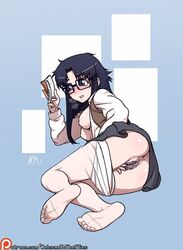 anus ass between_legs black-framed_eyewear black_hair blue_eyes breasts breasts_out clothed_masturbation clothing feet female full_body glasses hand_between_legs heavy_breathing inverted_nipples legs_together long_hair lying masturbation medium_breasts no_bra no_shoes noisetanker on_side open_clothes open_shirt panties panty_pull pantyhose pantyhose_pull pubic_hair pussy read_or_die reading sheer_legwear shirt skirt soles solo toes uncensored underwear vest yomiko_readman