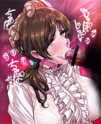 :>= bar_censor blush bra breasts brown_eyes brown_hair censored dark-skinned_male fellatio female hand_on_head highres idolmaster idolmaster_cinderella_girls large_breasts long_hair male_pubic_hair matching_hair/eyes nitta_minami onomatopoeia oral penis pointless_censoring ponytail pubic_hair ruffles see-through simple_background solo_focus standing stray_pubic_hair sweatdrop tears upper_body warainaku white_blouse white_shirt