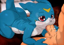 2024 2_horns 2boys absurd_res all_fours anthro ass balls bandai_namco big_butt big_penis blue_body blue_horn blue_scales blue_tail blush bodily_fluids claws daisuke_motomiya davis_motomiya digimon digimon_(species) digital_media_(artwork) duo fellatio genitals half-closed_eyes hand_on_leg hand_on_penis hi_res horn human human_on_anthro looking_pleasured male male/male male_on_anthro male_on_human mammal multicolored_body multicolored_scales narrowed_eyes nekoni oral penile penis penis_in_mouth red_eyes reptile saliva scales scalie sex tail thick_thighs three-quarter_view tongue tongue_out_blowjob two_tone_body two_tone_scales veemon vein veiny_penis white_body white_claws white_scales