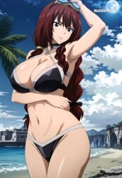 1girls 1milf ai_generated breasts cleavage fairy_tail irene_belserion long_hair looking_at_viewer milf red_hair thighs