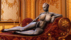 1futa 3d alien areolae asari balls big_penis blue_eyes breasts dickgirl erection front_view futa_only futanari grey_skin heels high_heels highres intersex large_breasts leaning mass_effect midriff naked_footwear naked_heels naked_with_shoes_on nipples nude penis reclining shassai veiny_penis