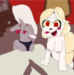 bad_art bad_quality charlie_morningstar hazbin_hotel undressing vaggie velvette very_bad_quality yuri