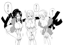 areola areolae bent_over black_and_white boobs breasts dialogue dress female female_only greyscale japanese_text kalina mazima_makoto22 nami nico_robin nipple nipples no_color one_piece one_piece_film_gold post-timeskip tits translated