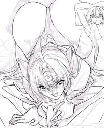 1boy all_fours ass breasts female female handjob huge_ass large_breasts leotard long_hair masturbation monochrome negresco penis sketch smile solo straight t-elos thong_leotard xenosaga