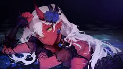 akumi animated female horns mp4 oni oni_horns red_skin scars video virtual_youtuber vyugen white_hair yellow_eyes