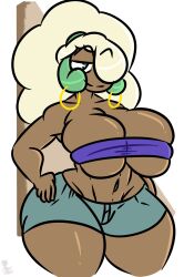 big_breasts breasts cleavage female fluffy_hair hoop_earrings huge_breasts hyper_hips jean_shorts jorts kingretrokirby nintendo pokemon pokemon_(species) tagme thick_thighs toned_stomach tubetop whimsicott wide_hips