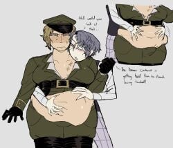 2boys blonde_hair daan_(fear_and_hunger) embarrassed english_text erection fat fear_and_hunger fear_and_hunger:_termina gay lordofassid military_hat military_uniform pav_(fear_and_hunger) pavel_yudin purple_hair stomach text tummy_grab weight_gain yaoi