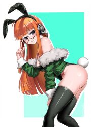 1girls ass atlus breasts bunny_ears burnt_green_tea female female_only glasses long_hair orange_hair persona persona_5 purple_eyes red_nail_polish red_nails sakura_futaba smiling solo stockings tagme