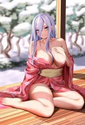 big_breasts blue_eyes breasts cleavage date_a_live female female_only gray_hair kimono light-skinned_female long_hair murasame_reine open_clothes solo solo_female thighs