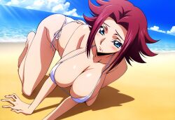 ai_generated beach_background big_breasts bikini bikini_bottom bikini_top blue_eyes cleavage code_geass dokidoki_ninja female female female_focus female_only hi_res high_resolution highres huge_breasts kallen_stadtfeld light-skinned_female perky_breasts red_hair sand small_bikini solo solo_female solo_focus thin_female water white_bikini